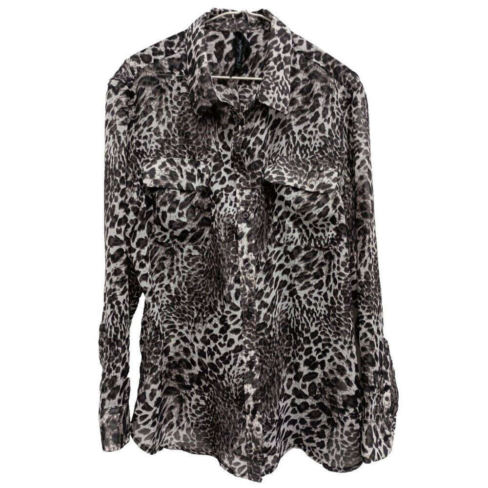 Seven7 Womens Animal Print Blouse Top XL Black White Chiffon Long Sleeve Carrier
